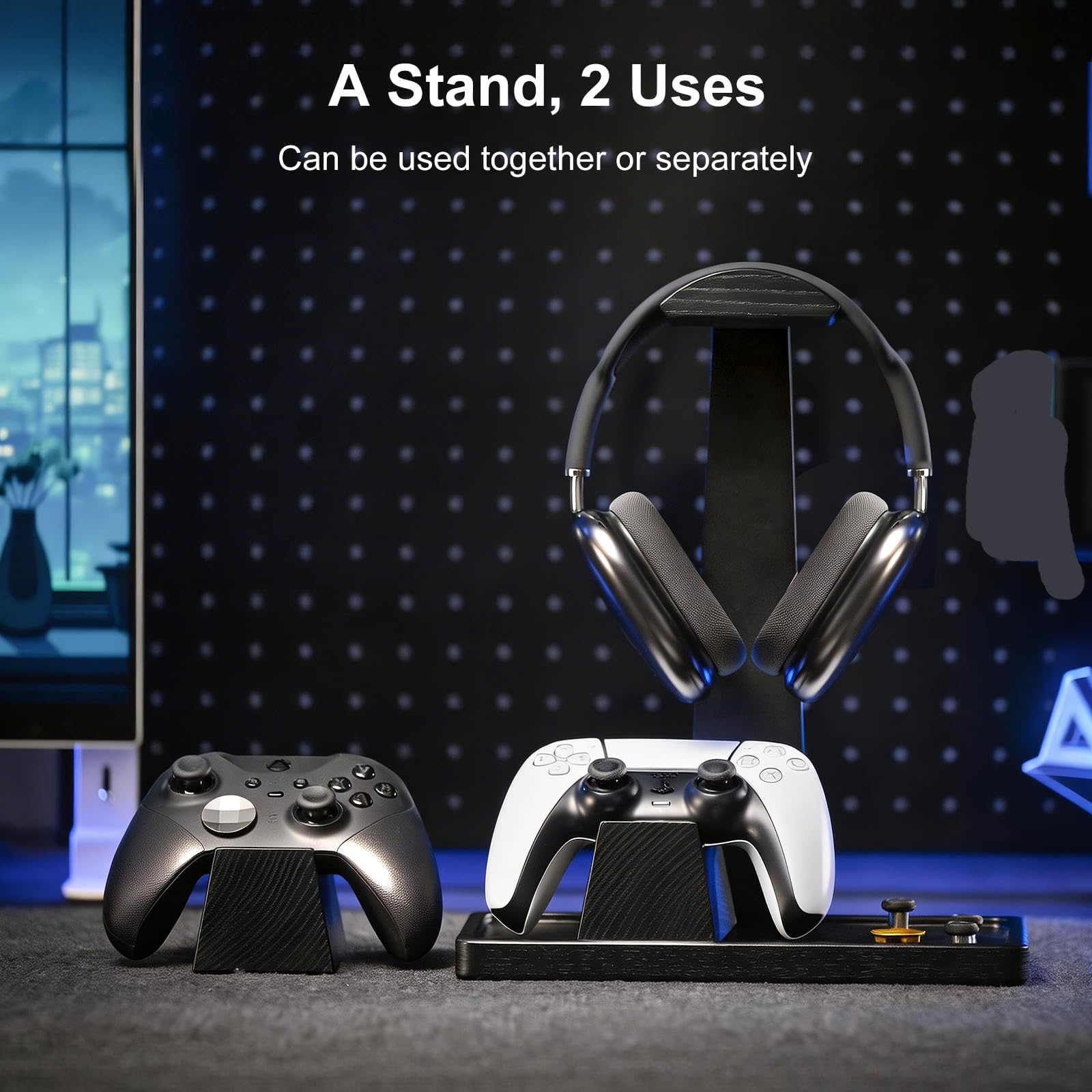 Headset-Ständer mit 2 Controller-Haltern – Massivholz & Metall, Gaming-Kopfhörer-Halter für Schalter, Controller und Schreibtischzubehör (schwarz)