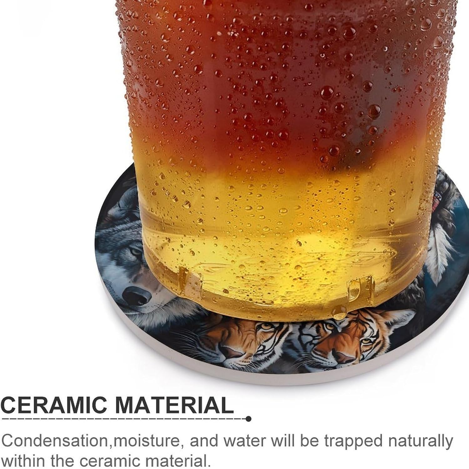 Indian Chief Tiger Wolf Round Ceramic Coasters Print Drinks Absorbent with Cork Base for Home Decor Gifts 4 Inch