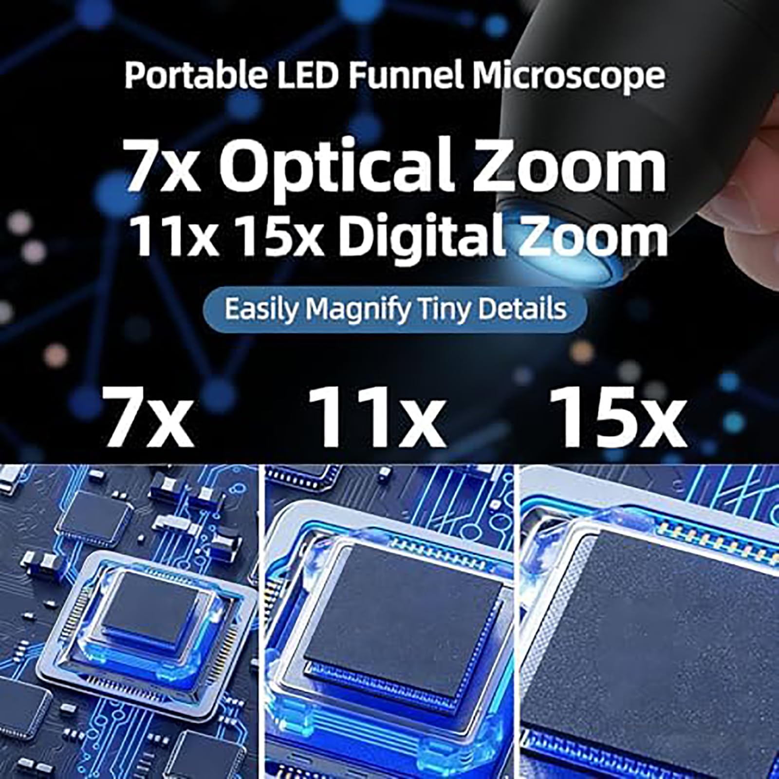 Lente d'ingrandimento per microscopio anti-imbuto, 7X/11X/15X, lente d'ingrandimento portatile con schermo LCD da 2,1", luce bianca/UV, registrazione di foto/video, per valutazione artistica, test sui