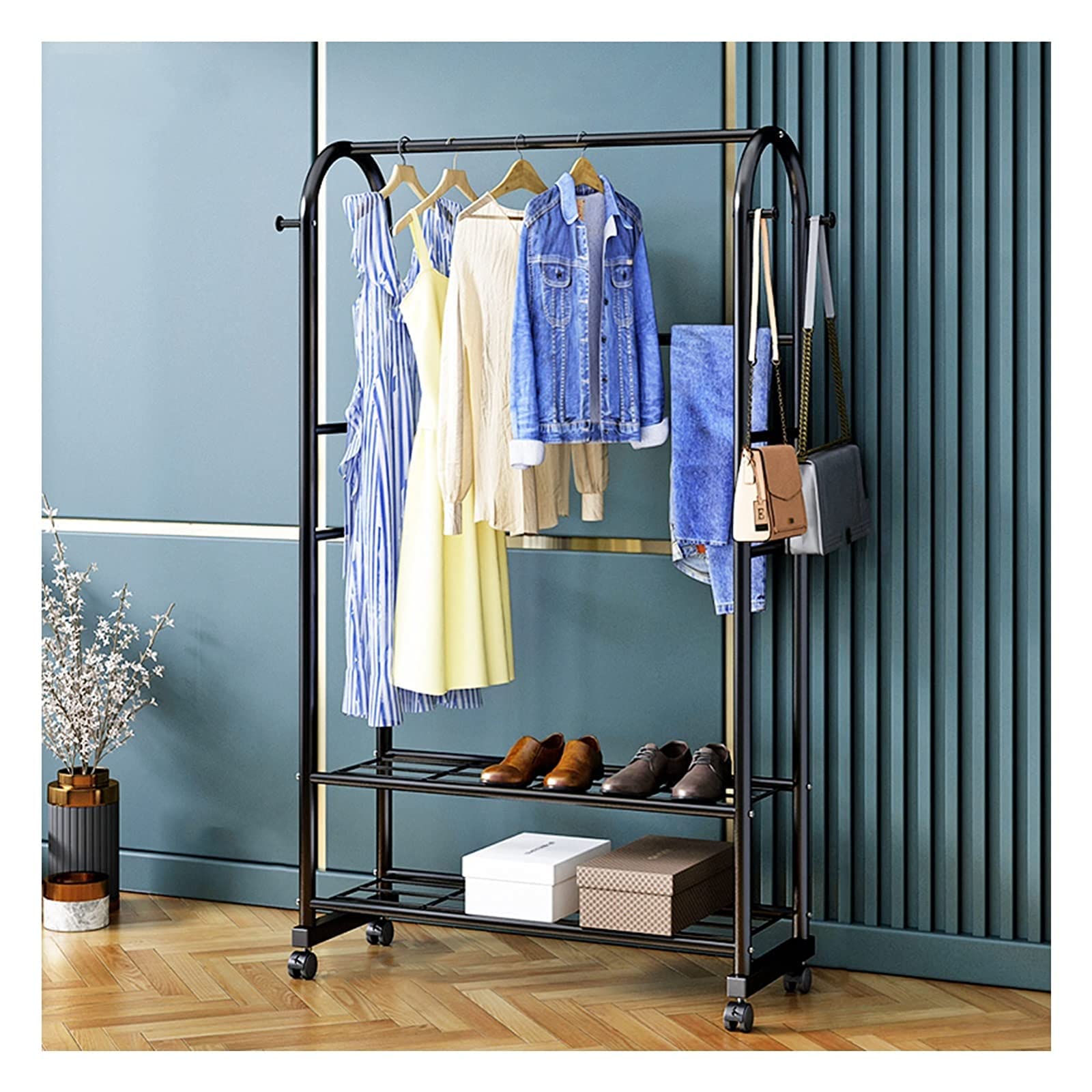 YNBSHGAA Metal Clothes Rail Rack with Wheels for Bedroom and Livingroom/Gold/100cm Heavy Duty Garment Dress Coats Jackets Drying Rack,Black-60cm
