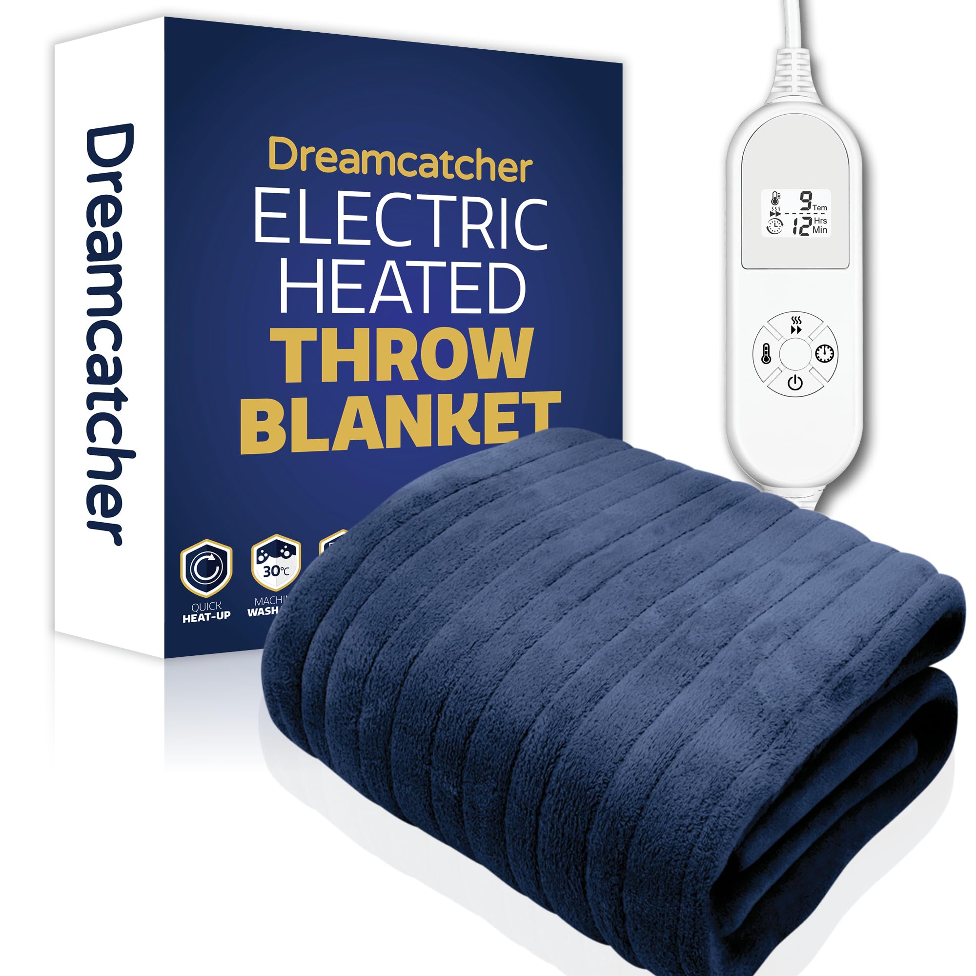 Dreamcatcher Navy XL Heated Throw Electric Blanket, 180 x 130cm Heated Blanket Machine Washable Soft Fleece Electric Throw Overblanket with 12HR Timer and 9x Control Heat Settings