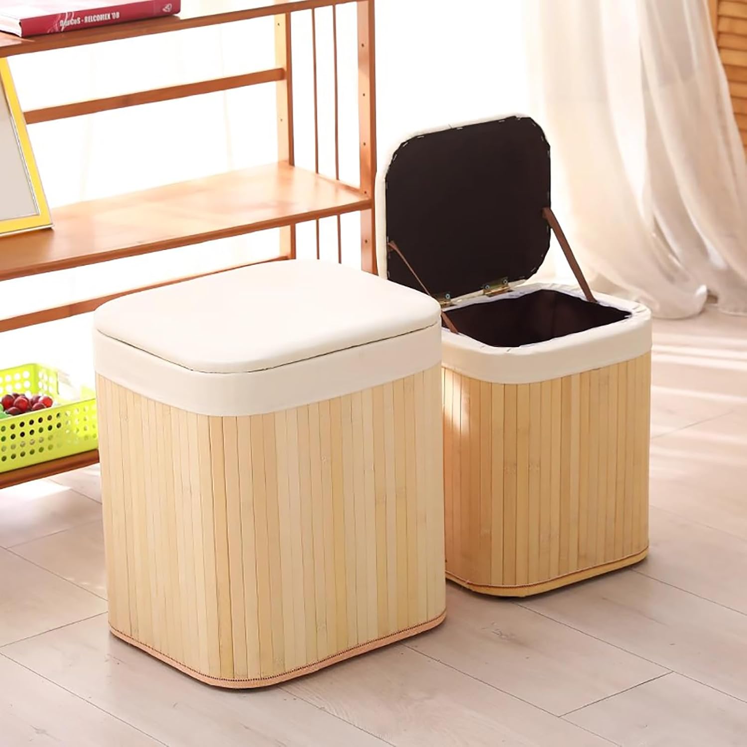 Bamboo Wood Storage Stool,2 Pieces Multifunctional Shoe Changing Stool with Lid and Soft Cushion,Laundry Hamper with Removable Liner,Clothes Storage Stool for Bedroom,Laundry,Living Room