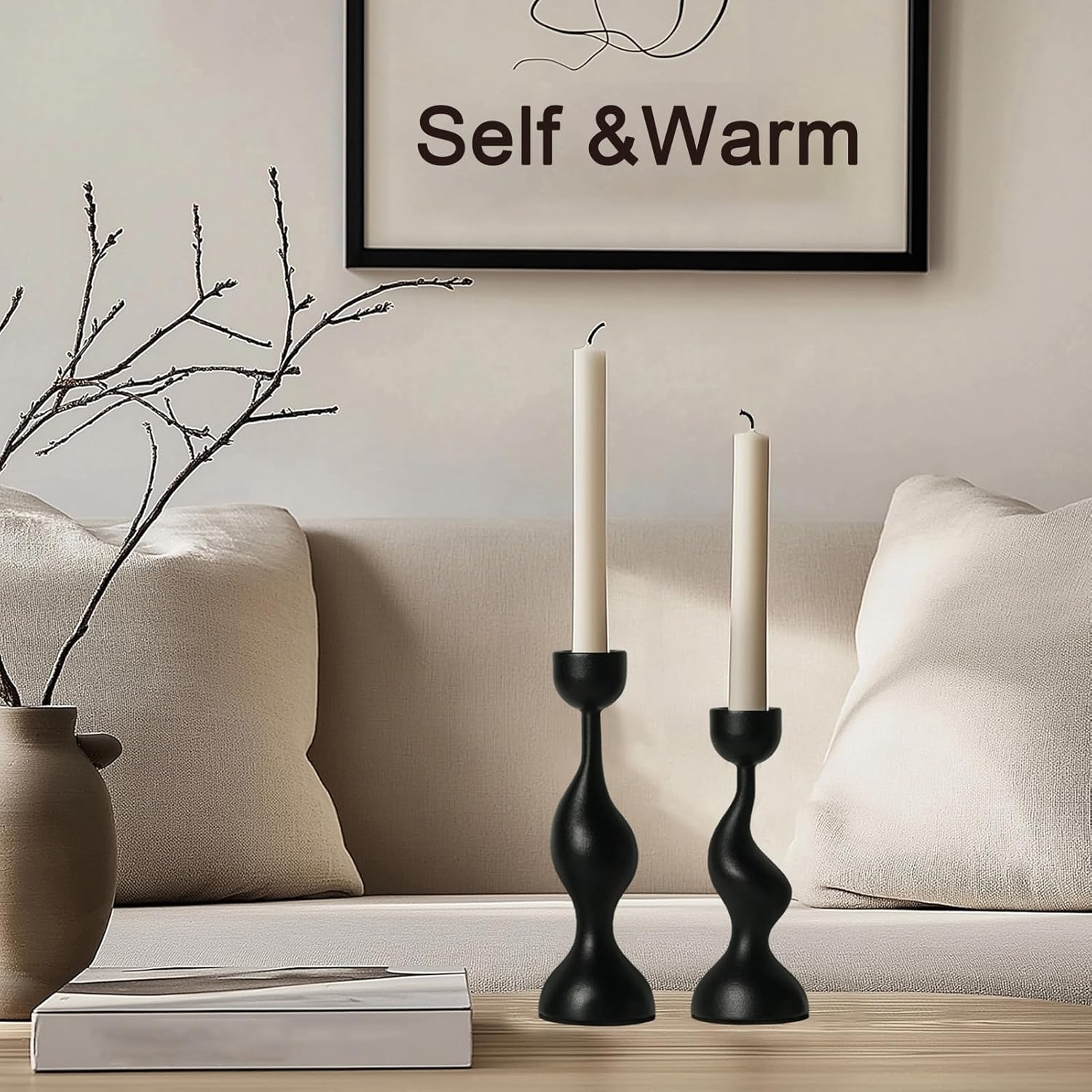 Smtyle Modern Sculptural Black Candle Stick Holders Cast-Aluminum Taper Set of 2 (7″ & 8″) Dual-Height Candlesticks for Dining Table Wedding or Home Decor - Image 6