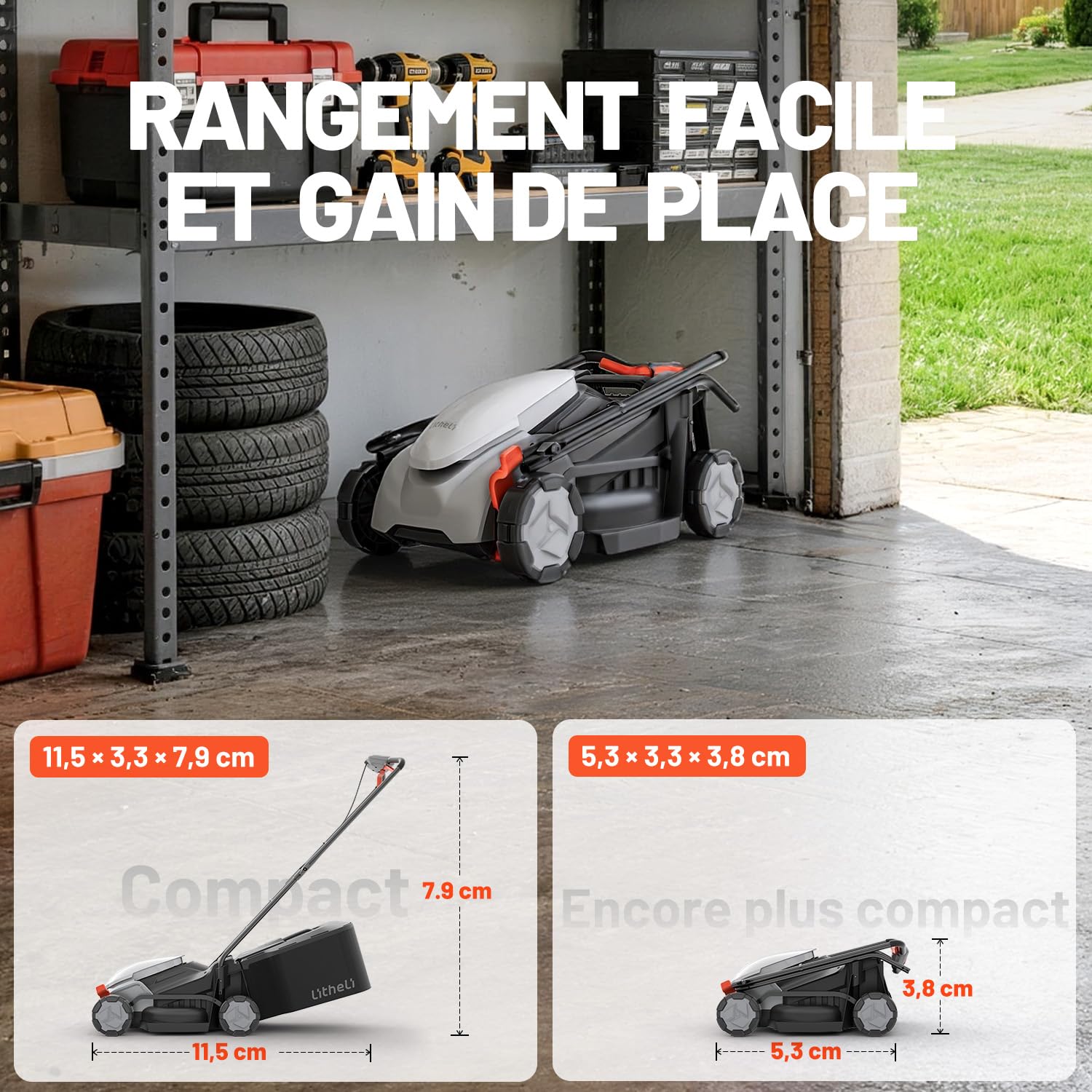 Litheli Tondeuse à Gazon sans Fil 20V 33 cm 5,0Ah Moteur Brushless Hauteur de Coupe Réglable 25–65 mm Bac 35 L