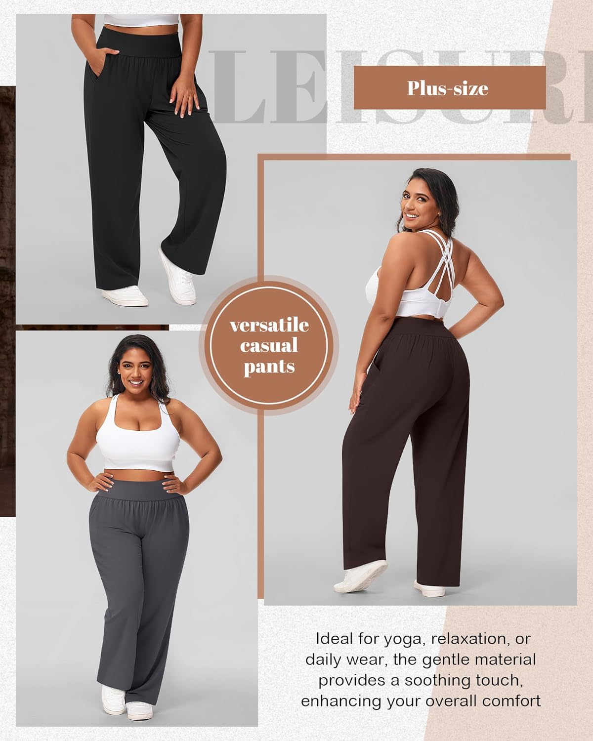 Neer 3 Pack Women Plus Size Wide Leg Yoga Pants High Waist Sweatpants Plus Size Palazzo Pants Lounge with Pockets - Image 6