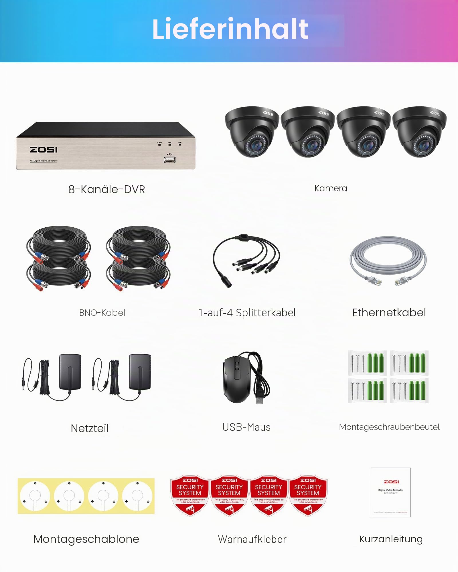 ZOSI Außen 1080P Video Überwachungssystem 8CH H.265+ 4in1 DVR mit 4 HD 1080P 2.0MP Dome Überwachungskamera Set, 24M IR Nachtsicht