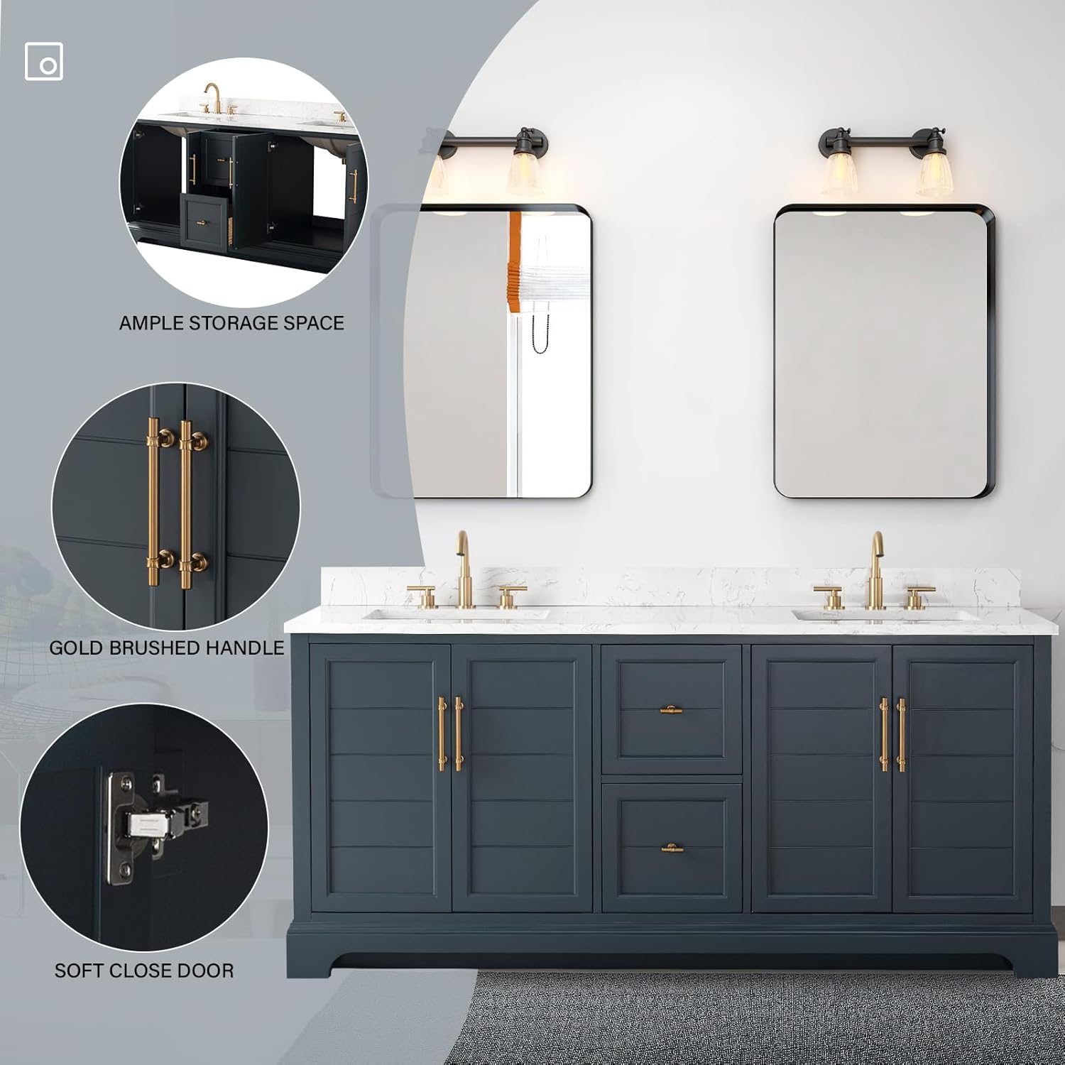 HOMEBEYOND 72 Inch Bathroom Vanity with Double Sink & Ceramic Top, Vanity Cabinet with Center Countertop Basin, Soft-Closing Doors, Backsplash, Vintage Spruce Blue