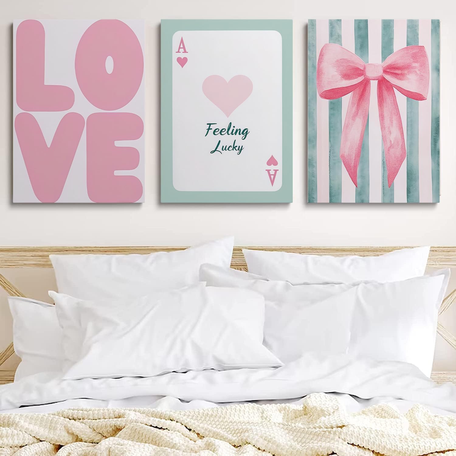 Framed Coquette Pink Bow Canvas Art Prints Pink Love Wall Art Aesthetic Preppy College Apartment Paintings Green Style for Home Bathroom Dormitory Bedroom Living Room Decor 16L x 12W inches Set of 3