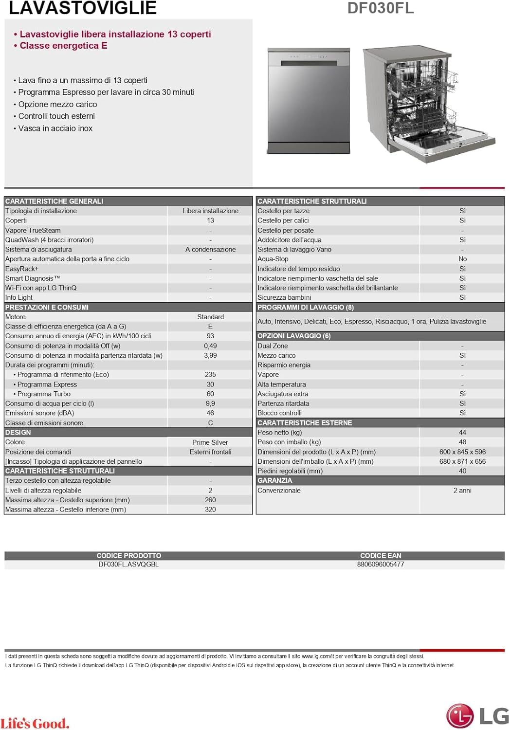 LG DF030FL Lavastoviglie Libera Installazione 60 cm, Classe E, 13 coperti, 8 programmi, Cestelli Regolabili, Comandi Esterni, Grigia