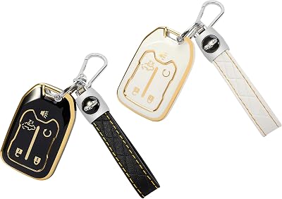 TOMALL 2 Pack for GMC Key Fob Cover with Keychain, 5 Buttons TPU Key Fob Case Compatible with GMC Acadia Sierra Terrain Chevy Silverado 1500 2500HD 3500HD Suburban Tahoe Car Key Cover (Black + White)