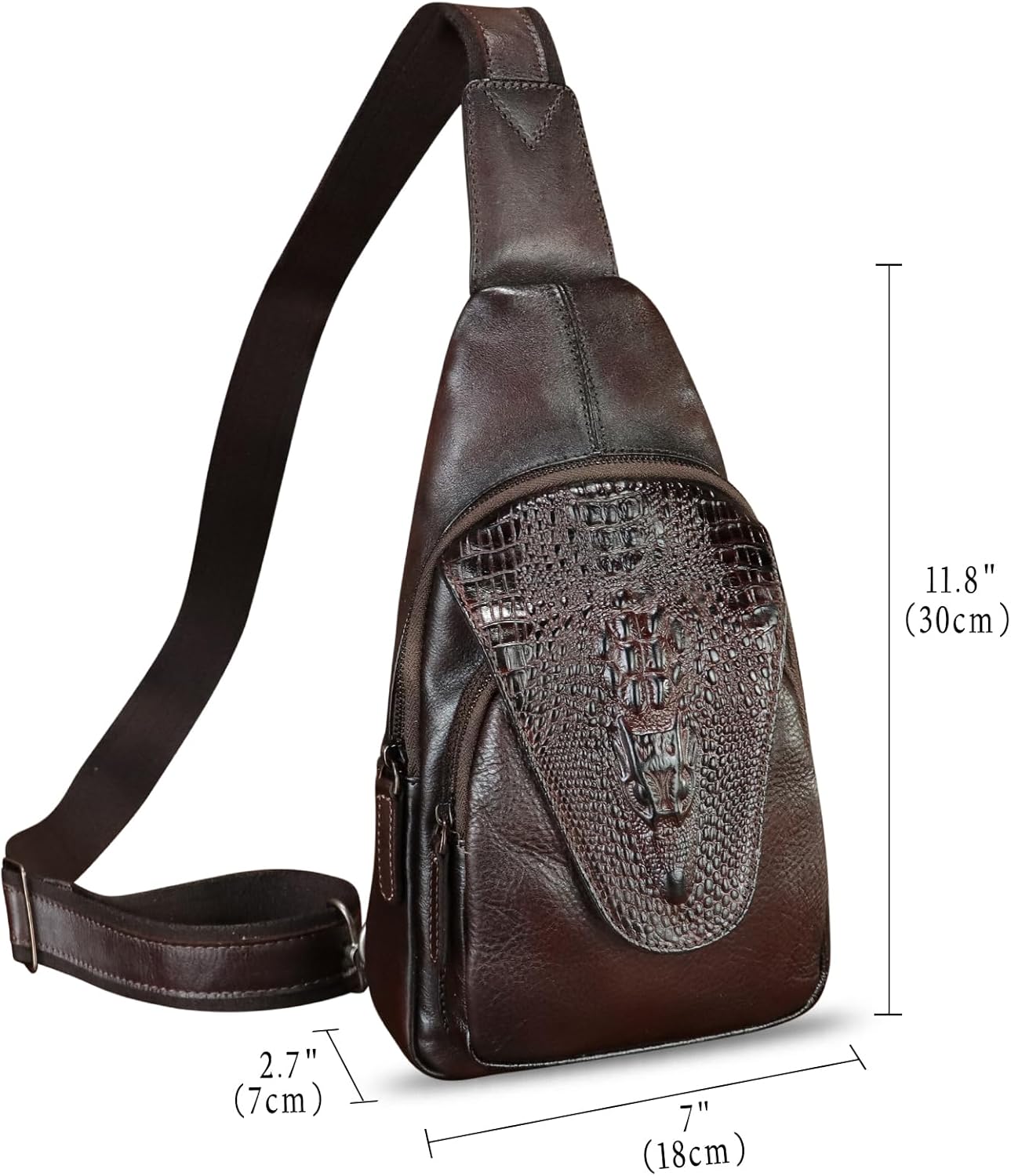 Genuine Leather Sling Bag Embossed Crocodile Pattern Leather Crossbody Sling Backpack Handmade Chest Purse Daypack (Coffee) - Image 4