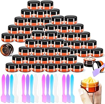 50 Pack 10g Small Plastic Cosmetic Containers with Lids, 10gram Amber Makeup Containers Jars with Spatulas, 10ml Sample Jars Travel Size Containers for Toiletries Lip Balm Slime Cream Lotion