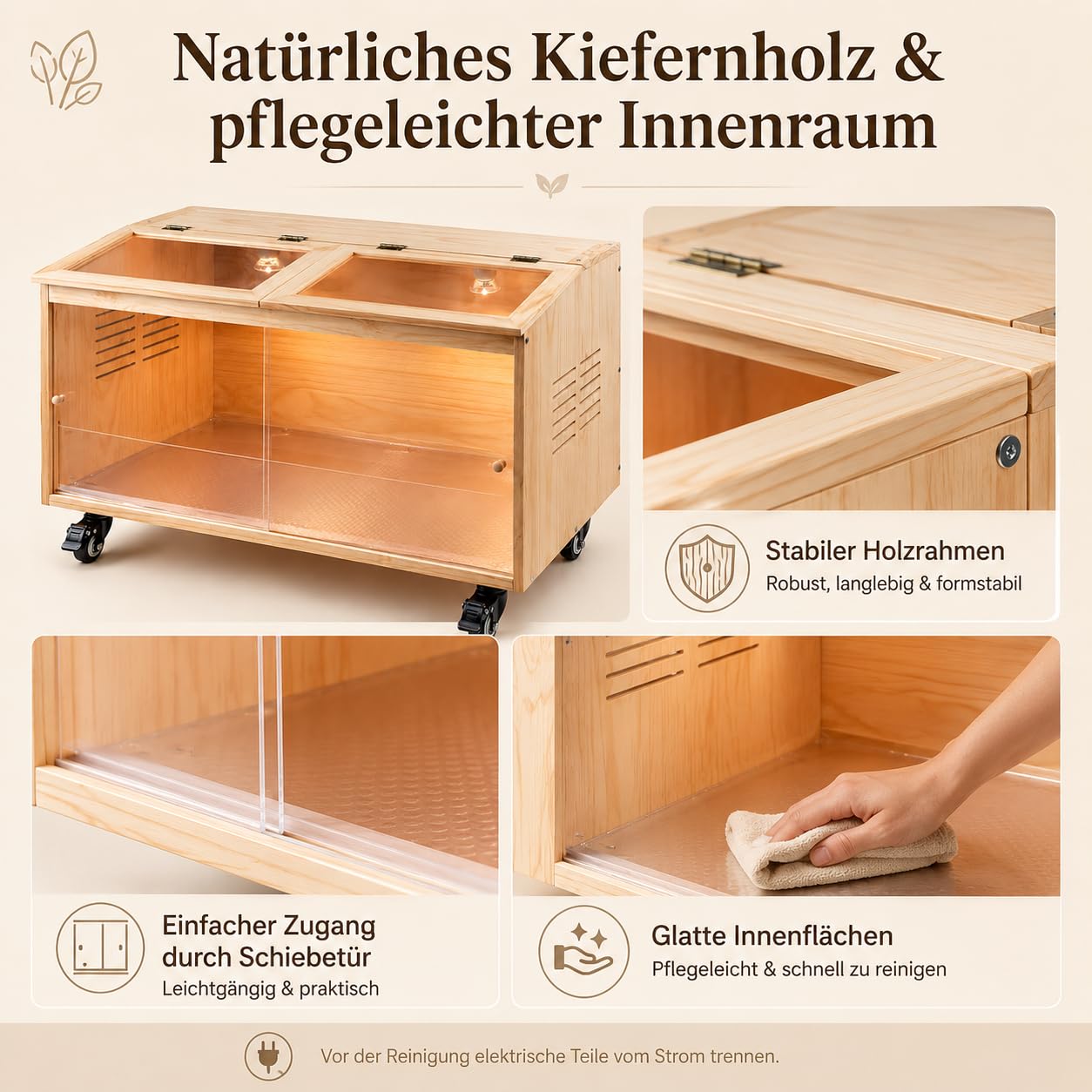 Kükenaufzuchtbox aus Kiefernholz, Kükenheim mit Thermostat, 2 Wärmelampen, Belüftung, Schiebetür & 4 Bremsrollen, Brutkasten für Küken, Hamster und Wachteln (80x40x40cm)