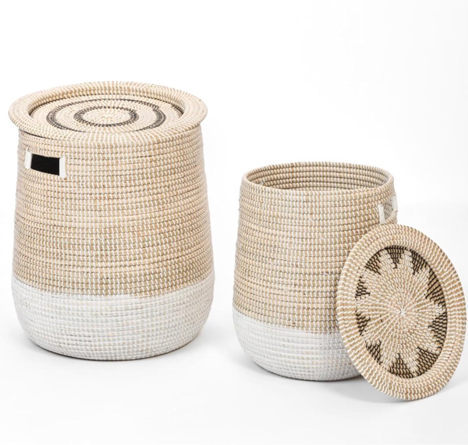 Cesto Portabiancheria Grande con Coperchio, Cesto Intrecciato in Alghe Marine, Adatto per Riporre Vestiti, Giocattoli e Cuscini, Bianco e Marrone, 45,14 L/86,38 L