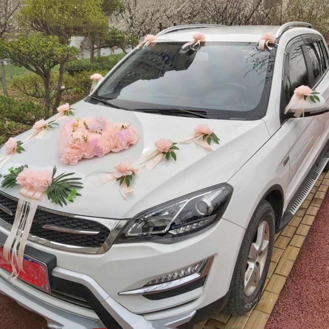 Décoration de voiture de mariage - Fleurs artificielles en soie - Cœur - Guirlande de capot - Poignée de porte de voiture - Décoration florale pour voiture de mariage - Décoration de voiture de