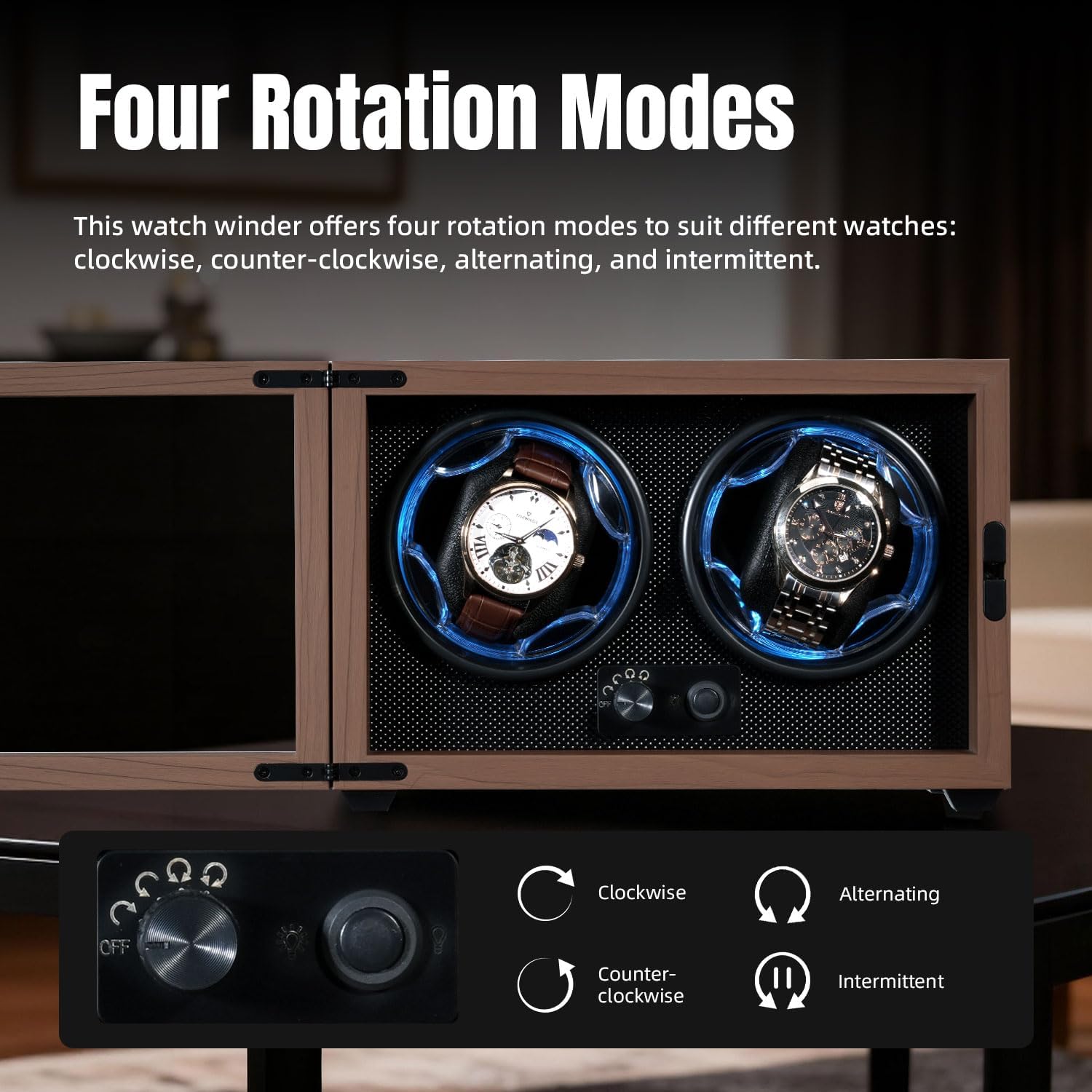 Mcbazel Dual Automatic Watch Winder with High-Elasticity Memory Foam Pillows, Ultra-Quiet Motor, Blue LED Light, 4 Rotation Modes, USB Powered Walnut Pattern Display Box for Watches