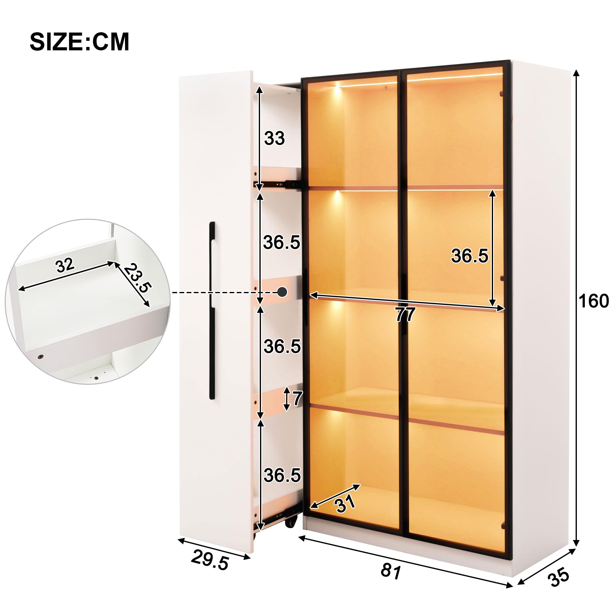 Merax Vitrina de 110,5 × 35 × 160 cm, armario multifunción con puerta de cristal e iluminación LED, cajón lateral con espacio de almacenamiento, armario alto de estilo francés, adecuado como