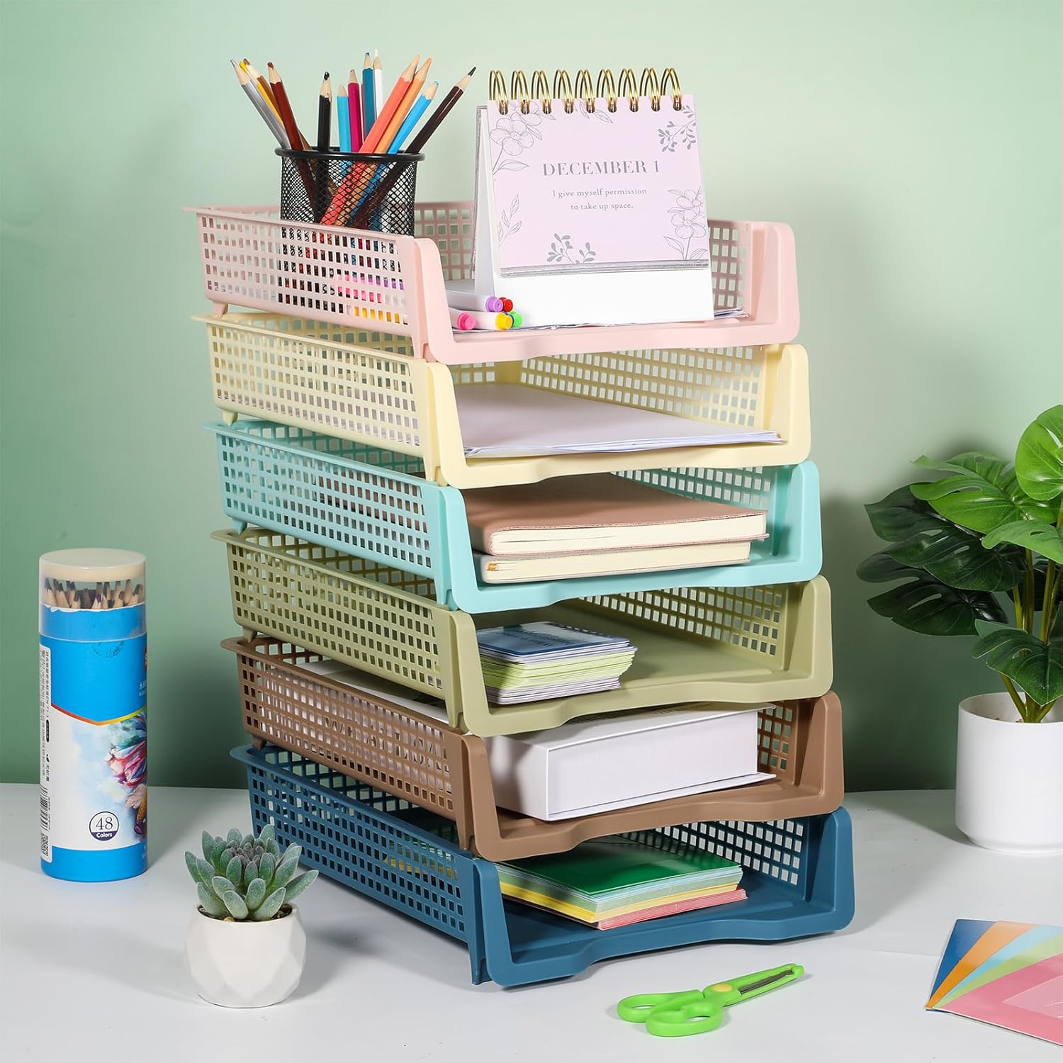 Set of 6 Boho Turn in Trays for Teachers Stackable Classroom Paper Letter Trays Plastic Classroom Desk Letter Organizer Tray Storage Baskets for Library, Drawers, Office, Home