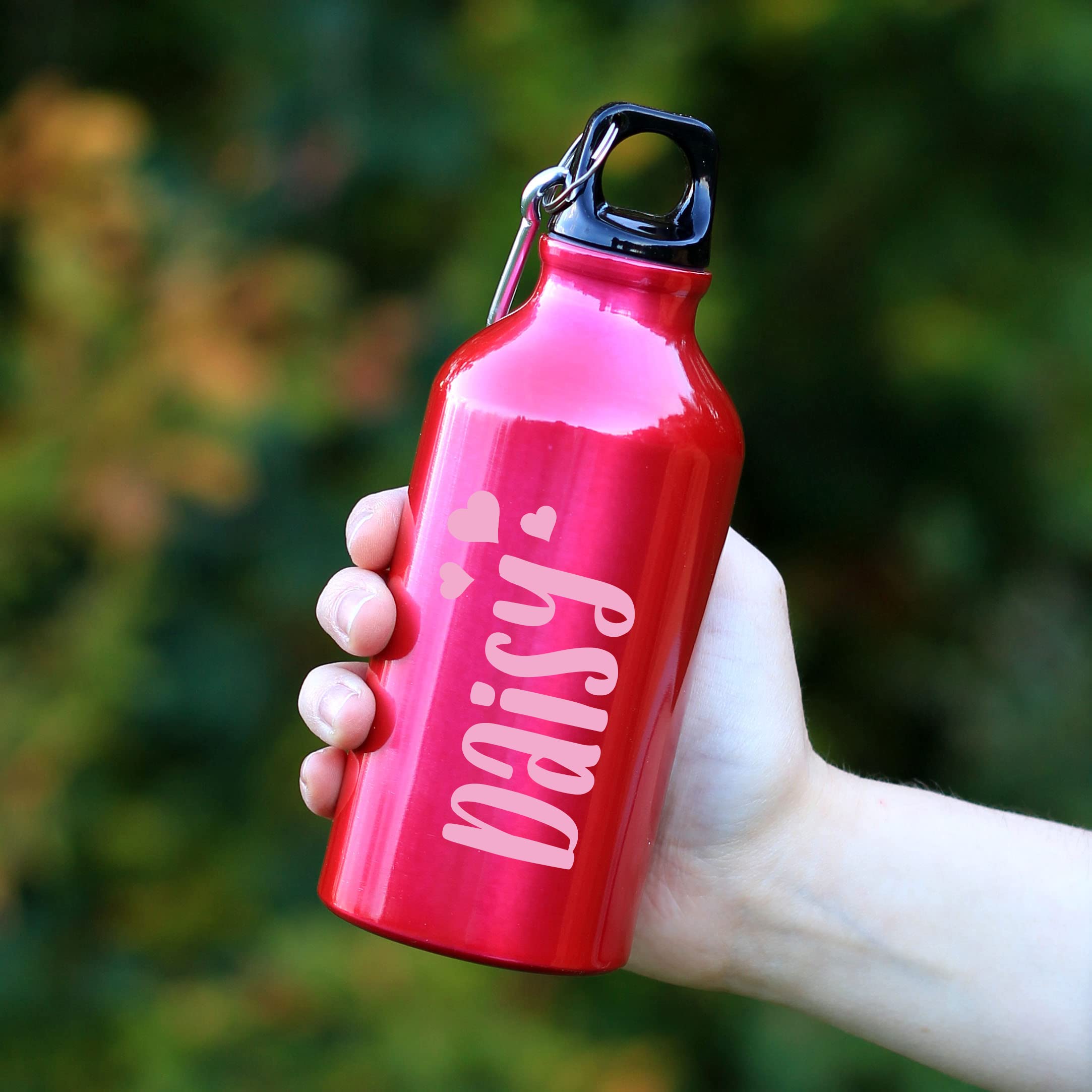 eBuyGB Personalised Kids Water Bottle with Carabiner Clip for School, Nursery - Reusable BPA Free 400ml Metal Drinks Bottle for Children - Any Name (Pink)