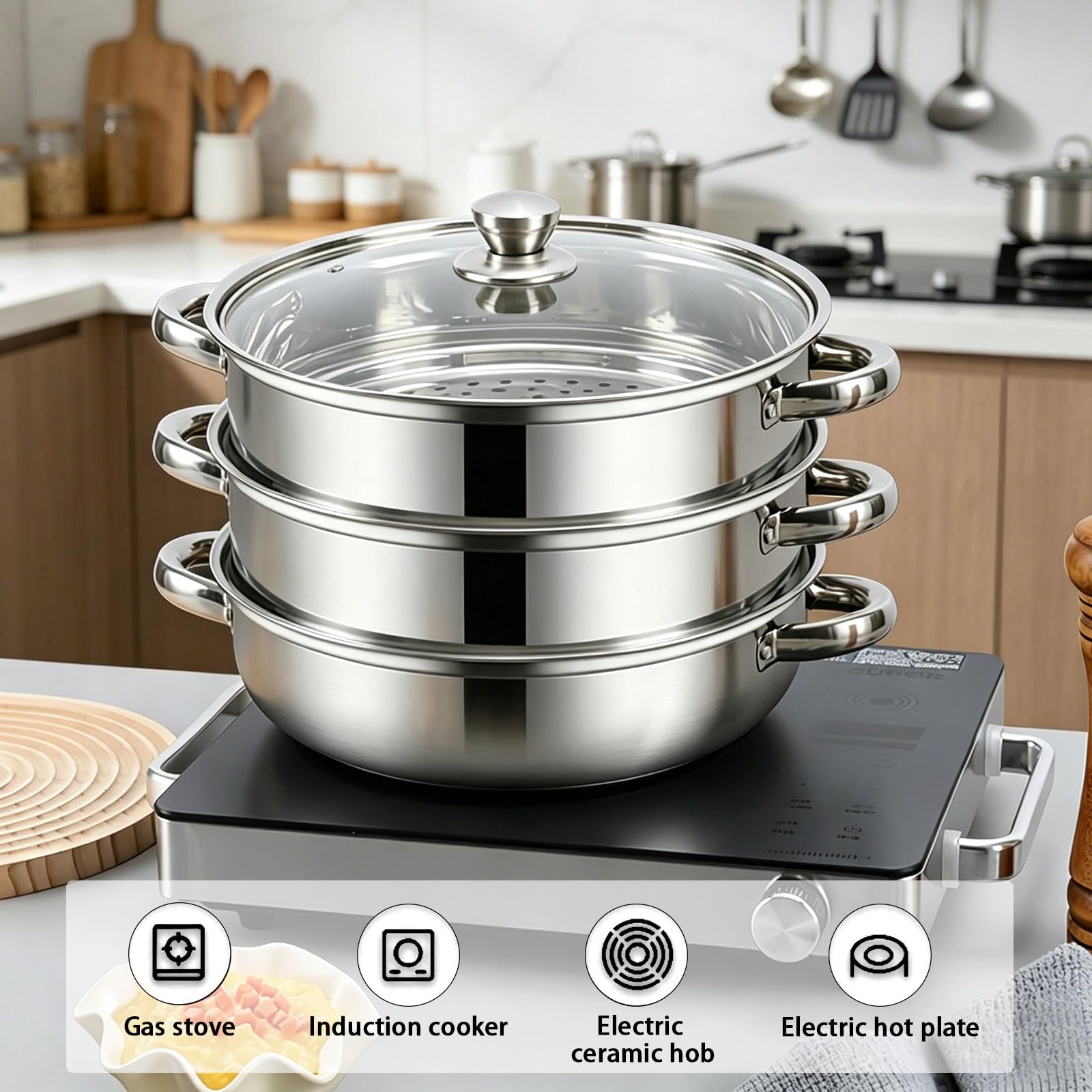 Pentola a Vapore In Acciaio Inox, 28 cm Vaporiera Pentola per Cucinare con Inserto a Vapore e Coperchio in Vetro, a Induzione a 3/4 Strati, per Zuppe, Pasta, Pesce (Tre)