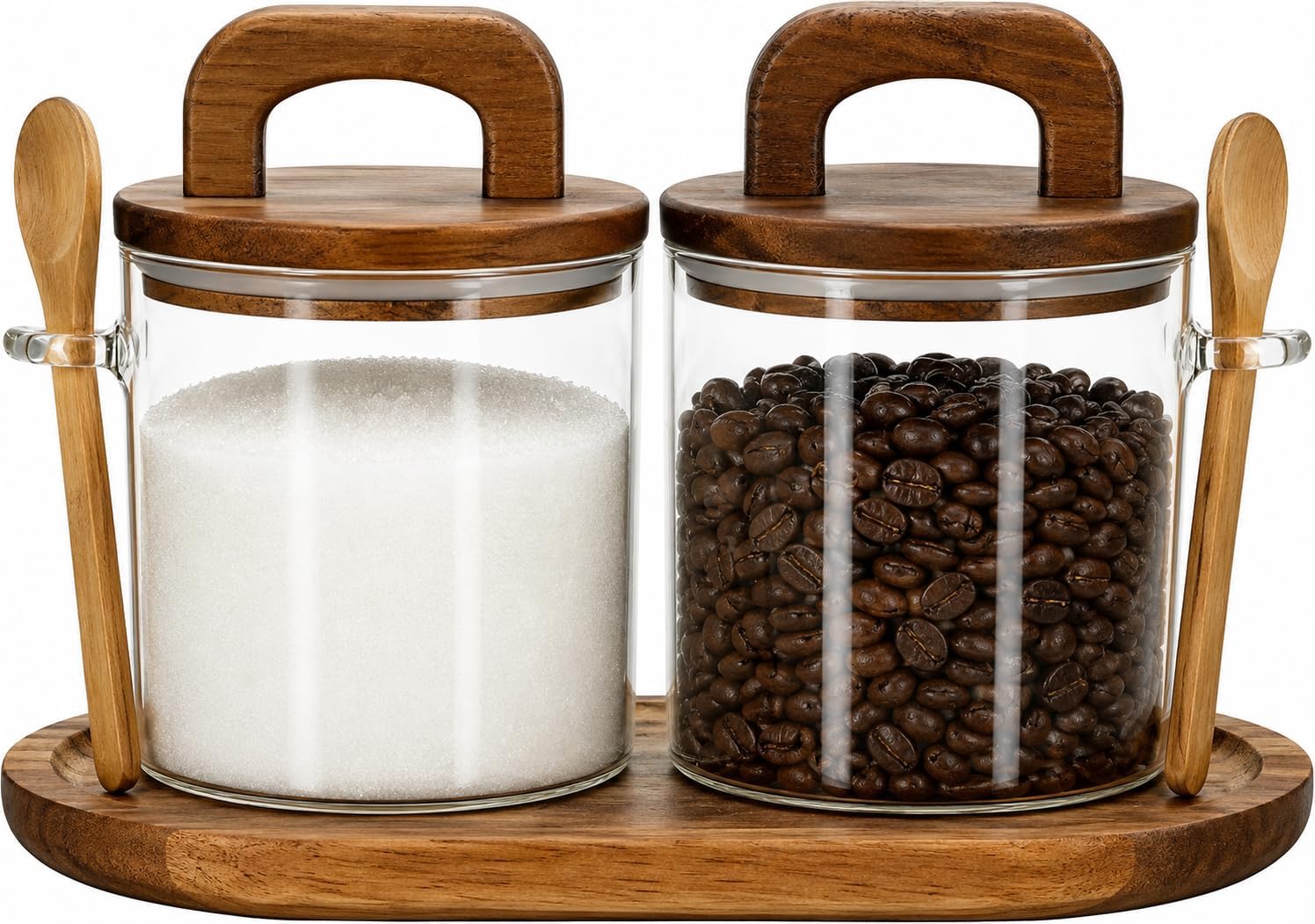 Sugar Bowl Set,Airtight Glass Sugar Jar with Wooden Lids,Sugar Container Side Spoons and Serving Tray,Round Coffee Bar Accessories for Tea Station,Countertop, Pantry Shelf,2 Pack