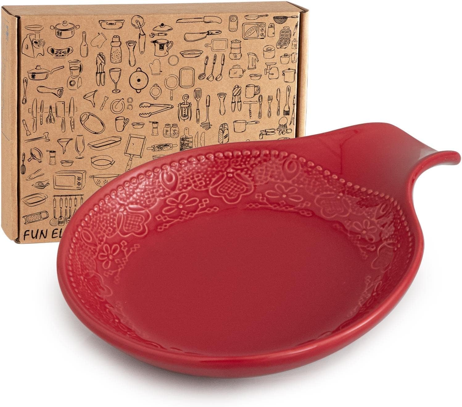FUN ELEMENTS Spoon Rest, Lace Emboss Kitchen Spoon Holder for Stove Top, Ceramic Spoon Rest for Kitchen Counter, Best Gift Idea for Thanksgiving, Christmas and House Warming (Christmas Red)