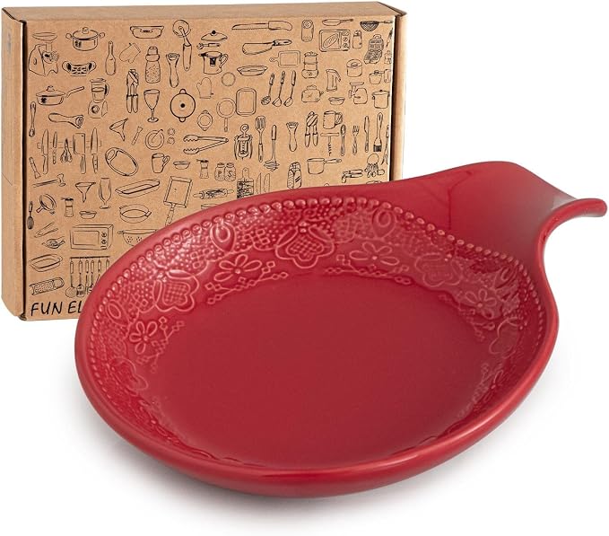 FUN ELEMENTS Spoon Rest, Lace Emboss Kitchen Spoon Holder for Stove Top, Ceramic Spoon Rest for Kitchen Counter, Best Gift Idea for Thanksgiving, Christmas and House Warming (Christmas Red)
