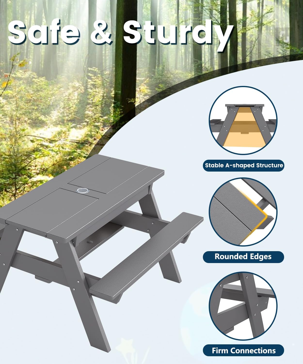 FOOWIN Kids 3-in-1 Sand & Water Table,HDPE Outdoor Convertible Picnic Table w/Detachable Tabletop, for Outdoor Backyard Patio Play Grey