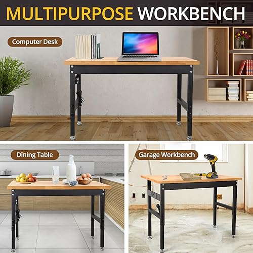 Miniatura 8 de Banco de trabajo, banco de trabajo de altura ajustable, mesa de trabajo de madera de roble resistente con tomas de corriente para garaje, taller,