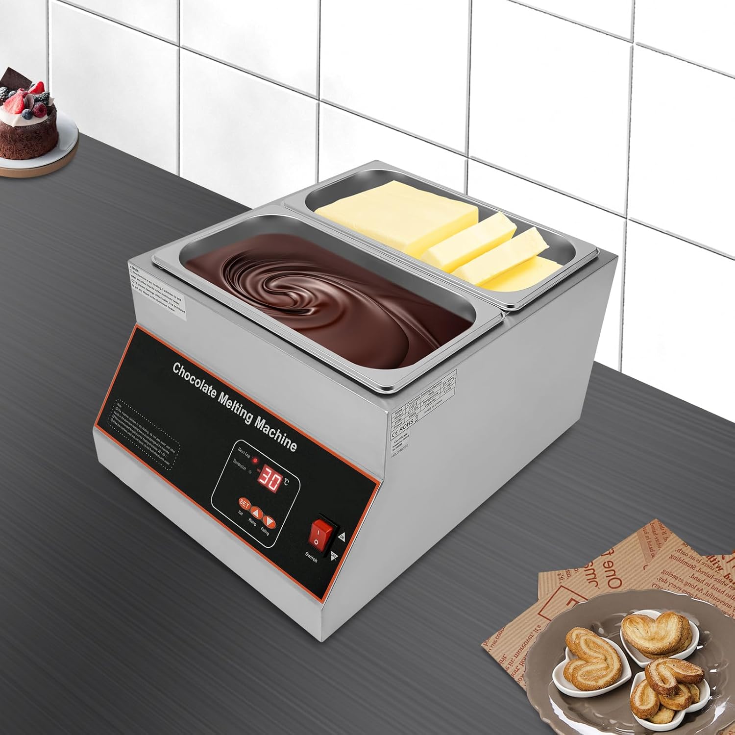 Commercial Chocolate Melting Pot, Electric Chocolate Warmer for Fast Even Melting, 110V Chocolate Tempering Machine for Bakeries, Catering, Chocolate Heating (US Plug) (2 tanks)