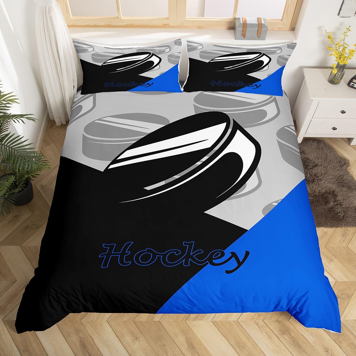 Ice Hockey Bedding Set Kids Ice Sports Games Comforter Cover Gift for Ice Hockey Lover Duvet Cover Breathable Ice Hockey Gaming Bedspread Cover Decor Ball Quilt Cover Single