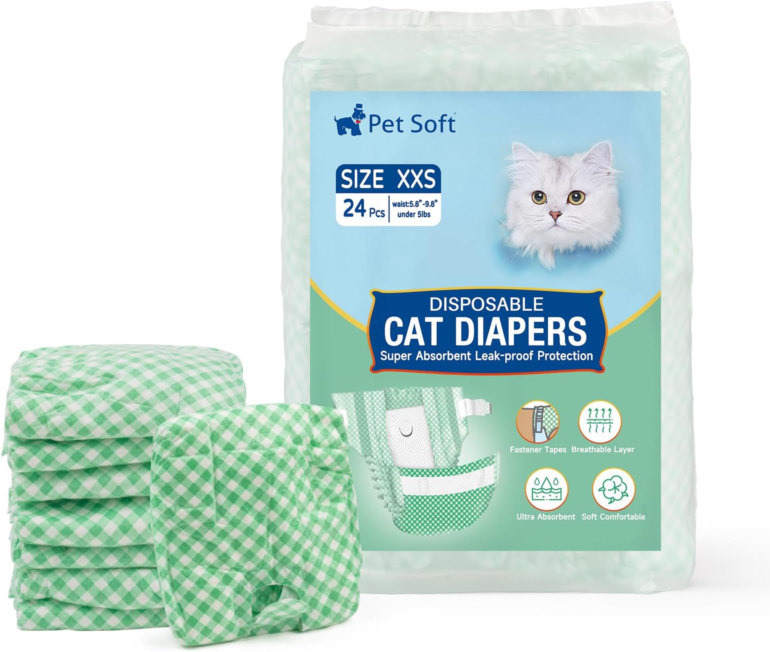 Pet Soft Disposable Cat Diapers - Female Dog Diapers for Cats & Dogs in Heat Period or Urine Incontinence, Doggie Diapers Ultra Absorbent Leak-Proof Puppy Diapers 24pcs (Green, XXS)