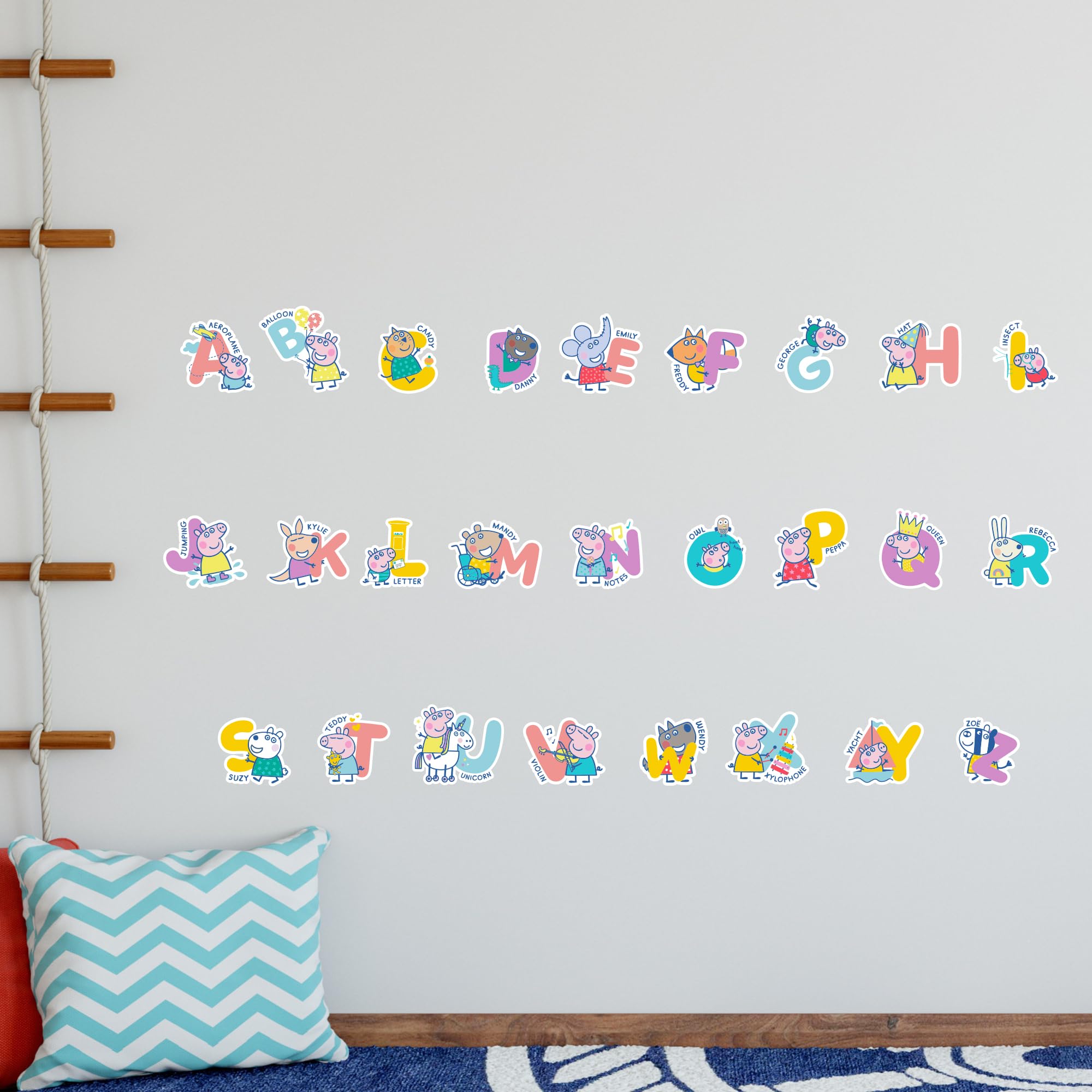 Themed Blue Peppa Pig Wall Sticker - Peppa Pig And Friends Alphabet Set Wall Decal Kids Art (180Cm Width X 60Cm Height)