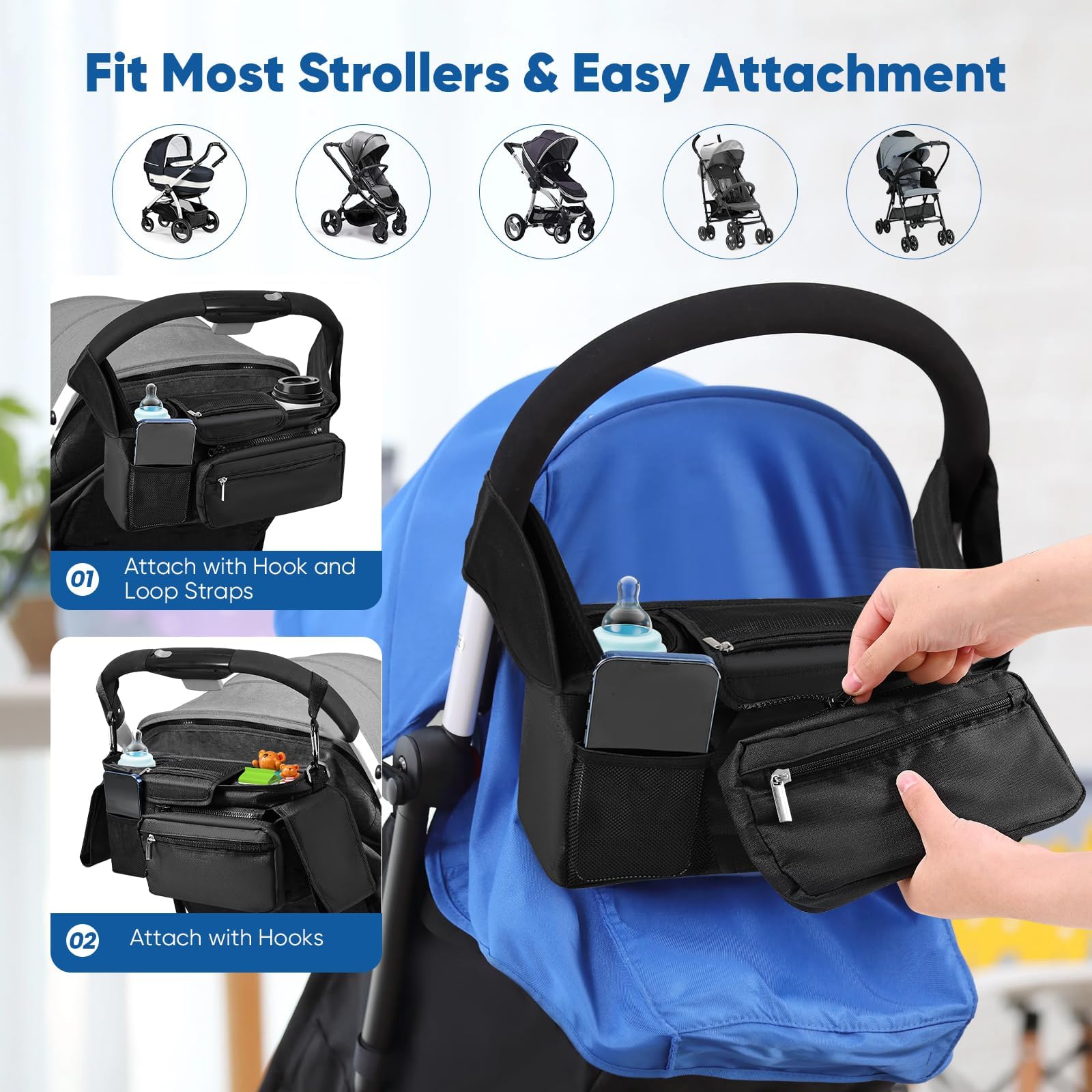 ieron Universal Stroller Organizer, 2 Insulated Cup Holder, Detachable Zippered Pocket, Mobile Phone Pocket - Image 4
