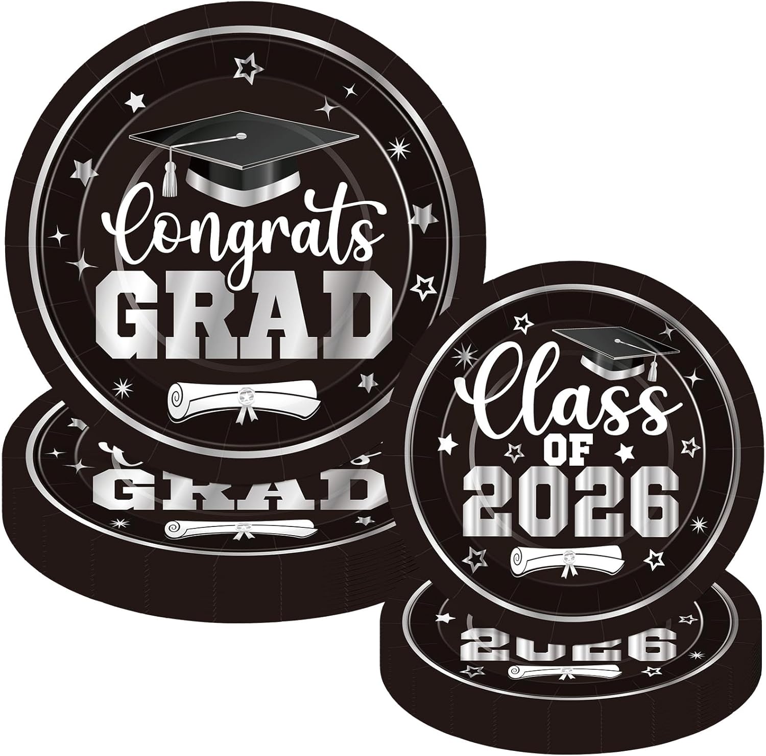 Irenare 200 Pcs Graduation Paper Plate Bulk 2026 Graduation Decoration Class of 2026 Dinner Dessert Disposable Paper Plate Dinnerware for Congrats Grads Party Supply, Serve 100(Blue Black and White)