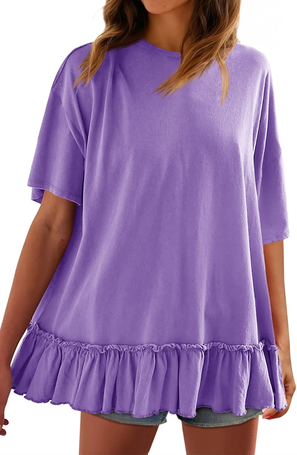 Tankaneo Womens Peplum Oversized Tshirt Summer Flowy Casual Shirt Dress Crew Neck Pleated Babydoll Beach Tunic Tops