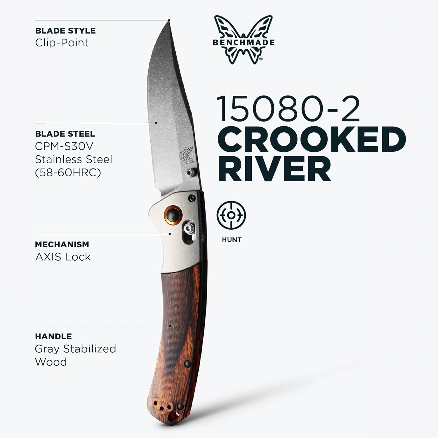 Benchmade - Crooked River 15080 EDC Knife with Gray Aluminum & Wood Handle (15080-2)
