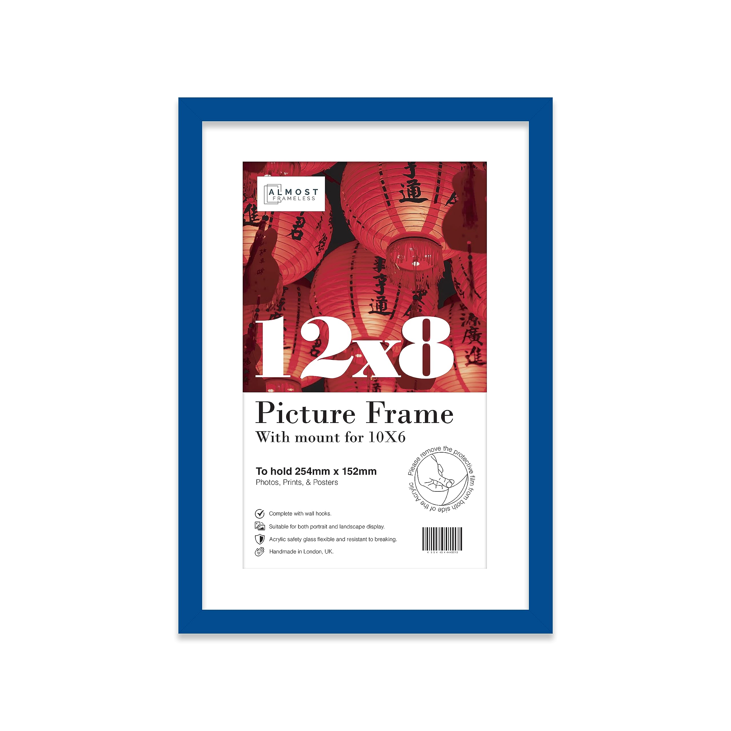 Almost Frameless 12x8 Blue Picture Frame With Mount for 10x6 Print, Poster or Photo Poster, Photo, Artwork, or Print. Thin Edge Slim Frame Portrait and Landscape Display with Wall Hooks