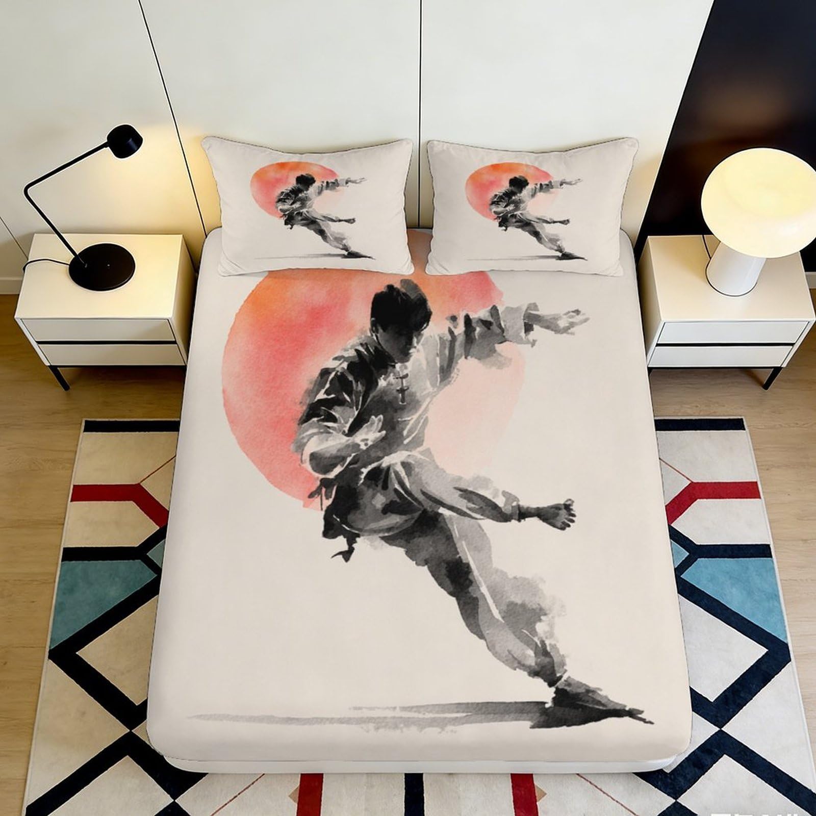 3D Printed Martial Arts Fitted Sheet Microfiber Non-Slip Deep Pocket Martial Design Mattress Fitted Cover Washable for Bedroom 90x200x25cm