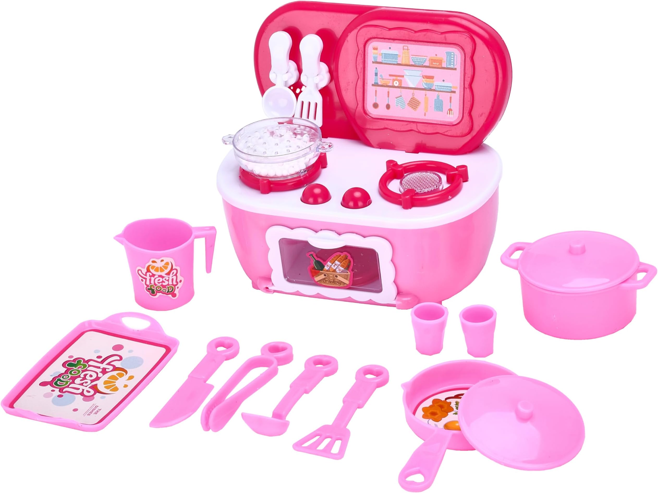 PixieCrushKitchen Stove Play Set for Toddlers - Pretend Kitchen Accessories for Kids - Realistic Cooking Playset - Pink Toy Pots and Pans for Girls - Kid Kitchen Appliances - H10.7xL11.1xW7.5 cm