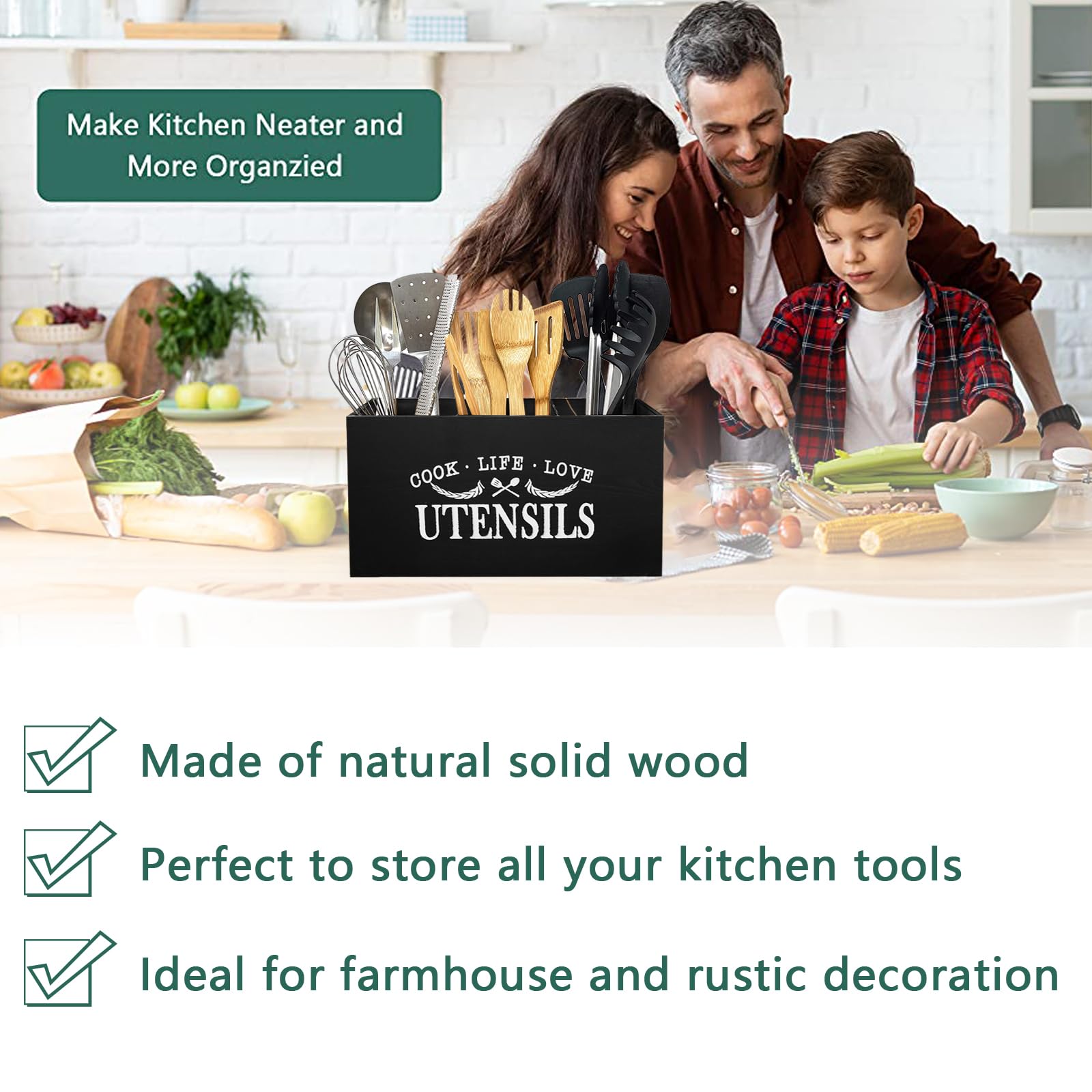 Panier à Ustensiles De Cuisine Avec Base En Bois Pour Comptoir