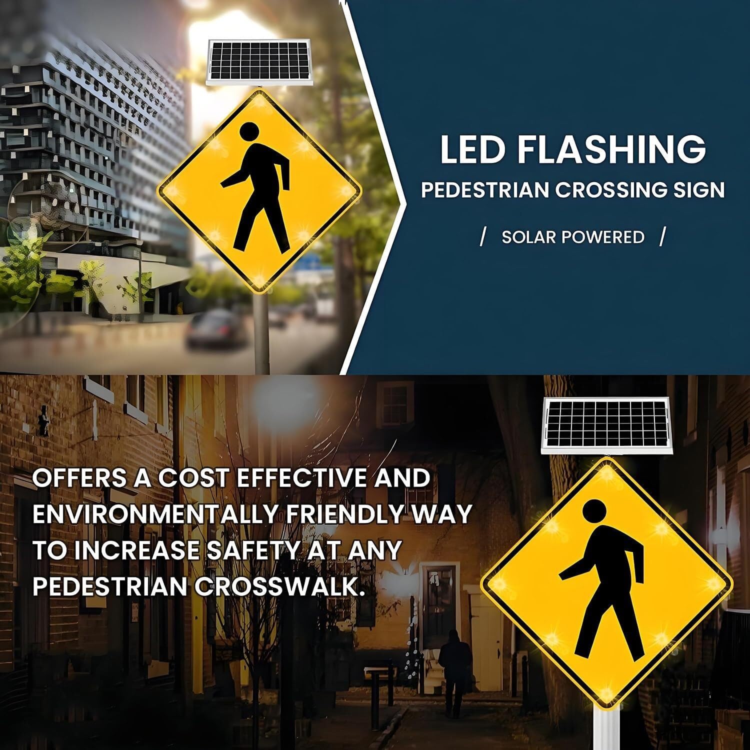Señal de cruce de peatones LED con luz solar intermitente con película reflectante de grado de ingeniería para seguridad del tráfico y advertencia de calle