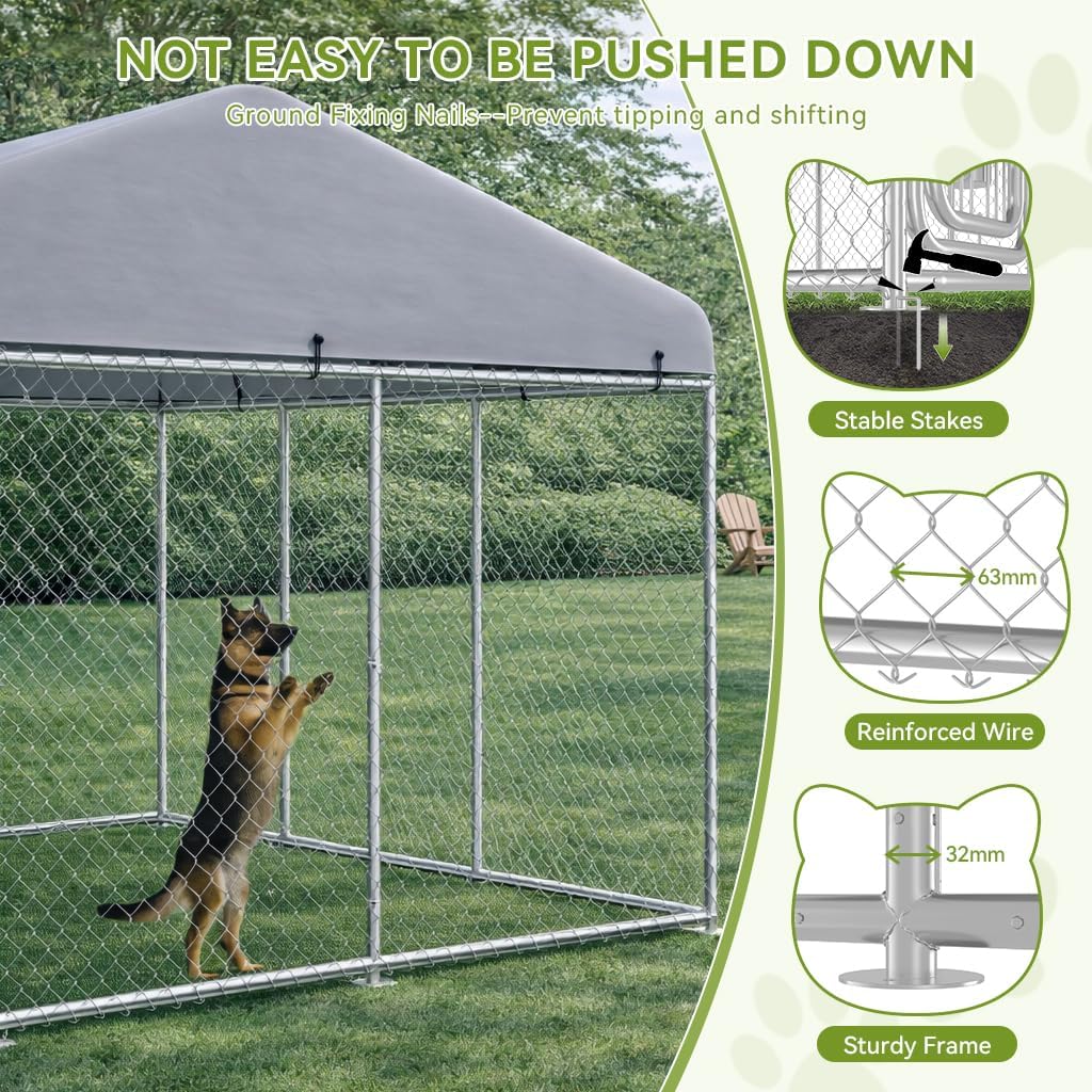 COMHOMA 14.8×14.8FT Outdoor Dog Kennel with Adjustable Bowls Feeder Heavy Duty Extra-Large Dog Enclosure with Roof & Lock All Weather Resistant for Medium Large Dogs