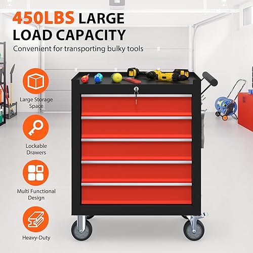 Miniatura 2 de Cofre de herramientas con ruedas de 5 cajones, caja de herramientas con 4 ruedas y cajones, gabinete de almacenamiento de herramientas móvil