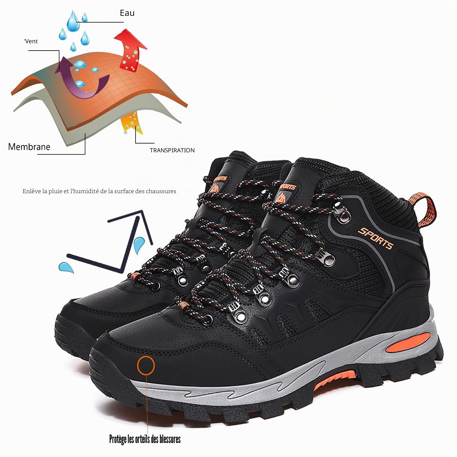 Bottes de randonnée imperméables pour homme et femme - Chaussures de randonnée légères pour le camping et l'escalade, Noir , 44 EU