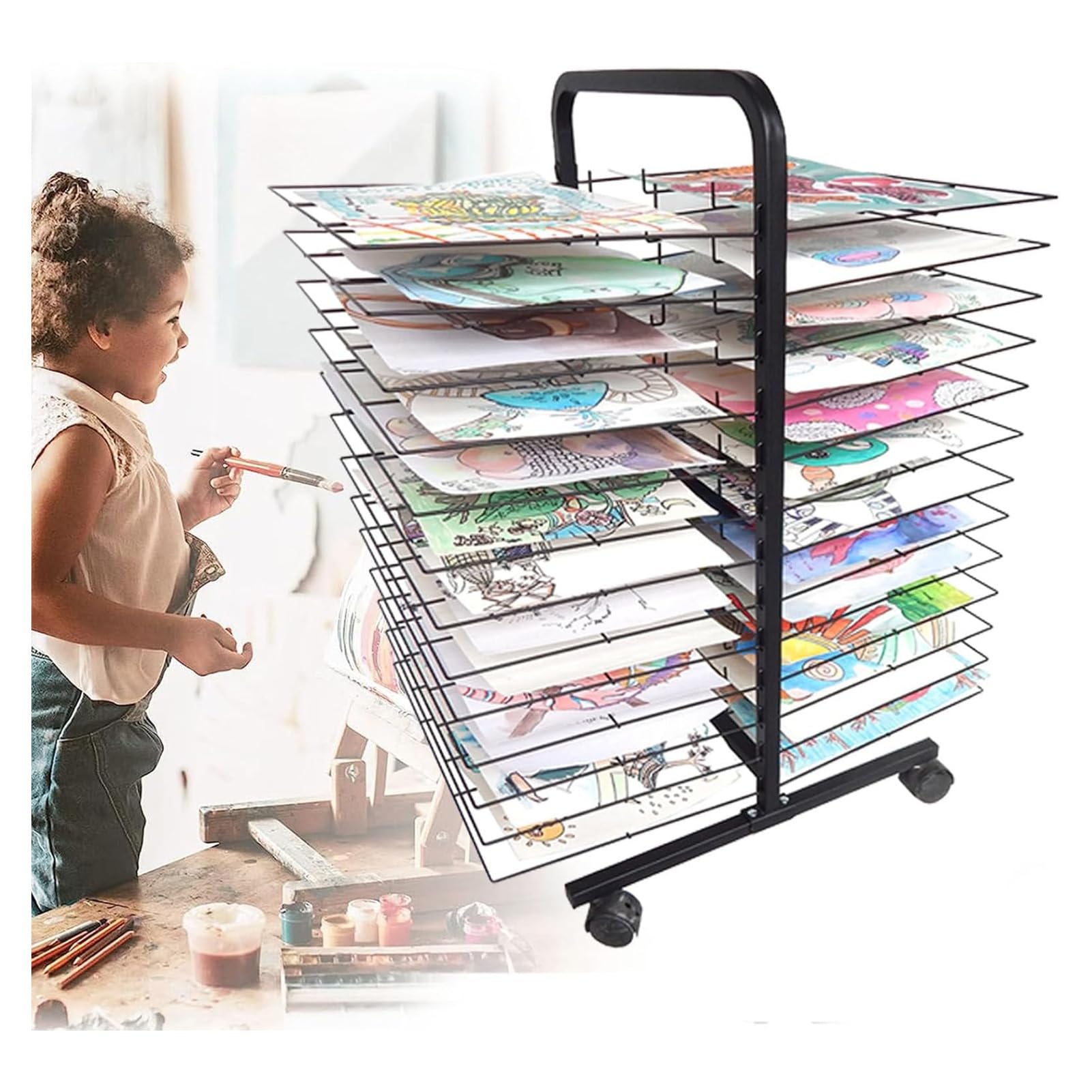 Generico Stendibiancheria Mobile per opere d'Arte - Extra Large con 26/38/50 Ripiani, Supporto bifacciale in Metallo e Acciaio per Carta A3 con Ruote bloccabili, Ideale per aule e studi, Perfetto per