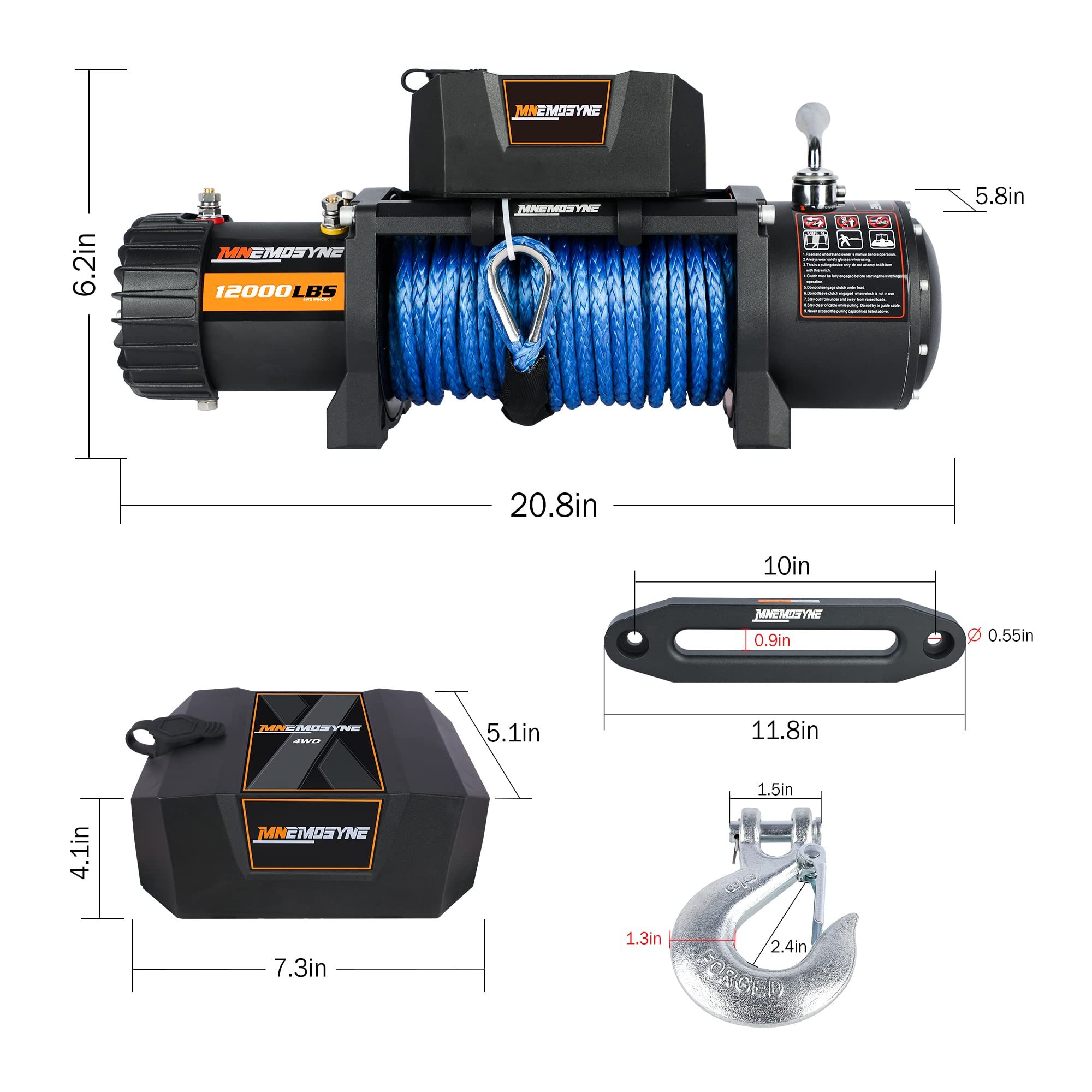 MNEMOSYNE Traction Products - Synthetic Rope Winch - 12000 LB load capacity - Remote winch