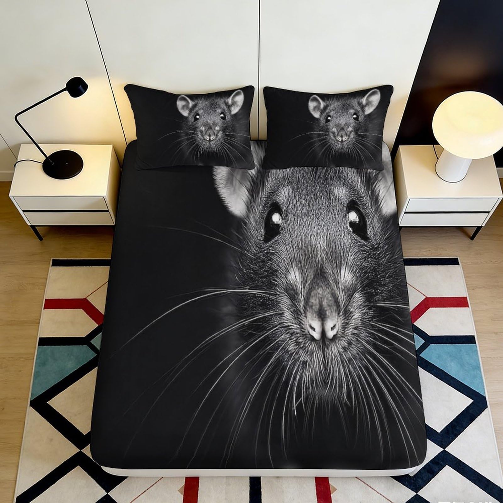 3D Printed Black Rat Fitted Sheet Microfiber Non Slip Bed Sheet for Bedroom Dorm Room Mattress Protection Decor 90x200x25cm