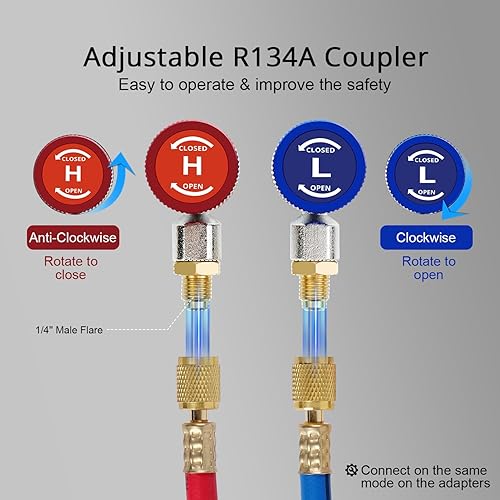 Miniatura 3 de YSTOOL Automotriz AC R134a Kit de acoplador rápido ajustable HVAC Conversión de conector alto y bajo con adaptador SAE macho de 14 de pulgada