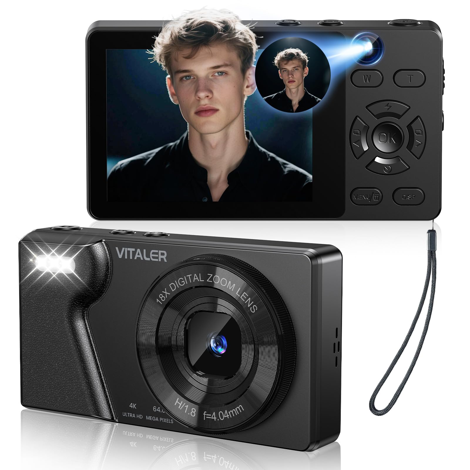 4K Digital Camera with Front Rear Lens, Autofocus 64MP,NO Card, Metal Shell